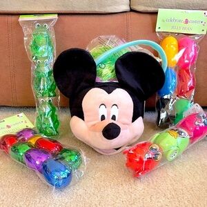 Brand New Disney Mickey Mouse Plush Easter Basket Metallic Fillable Eggs Grass
